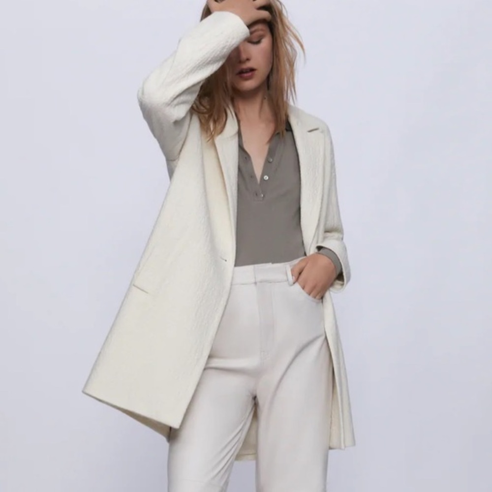 Zara Textured Wool Blend Coat in Oyster White size Small